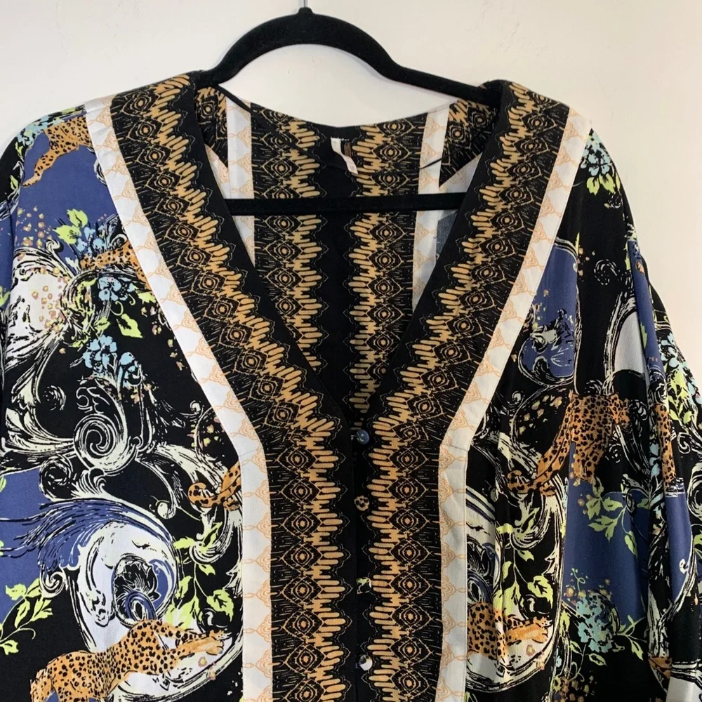 Free People Leopard Baroque Top XS Womens Blouse Tie Sleeve Boho Festival Artsy